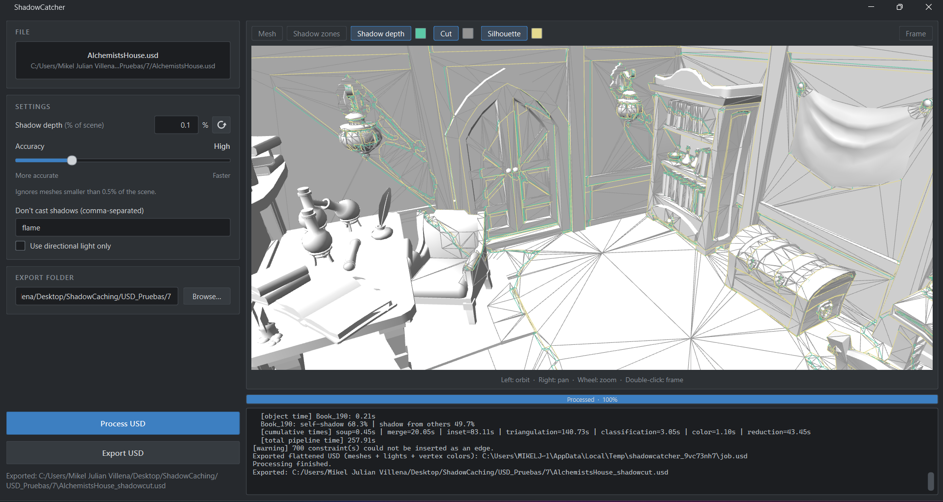 ShadowCatcher interface showing the processed scene with shadow contour, shadow depth line and silhouette overlays